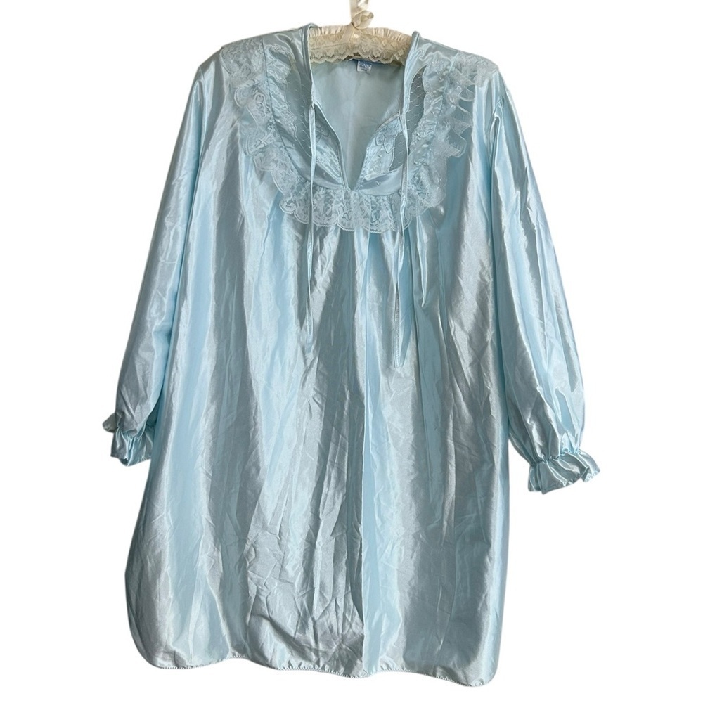 Vintage Stardust Nightgown Size Large Blue Midi Long Sleeve Lace 80s Victorian